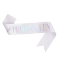 Detail of white glitter PROM QUEEN sash with holographic lettering and crown icon - One Size / Iridescent White