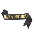 Detailed view of the black satin birthday sash with shining gold Happy Birthday lettering - Ceremonial Belt / Black