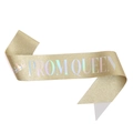 Detail of glitter gold Prom Queen sash with holographic lettering and crown icon - One Size / Gold Iridescent