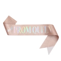 Close-up of rose gold glitter Prom Queen sash with holographic lettering and crown - One Size / Rose Gold Rainbow