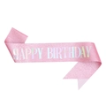 Detail of pink glitter birthday sash featuring holographic Happy Birthday lettering - Ceremonial Belt / Pink