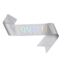 Detail of silver glitter Prom Queen sash with iridescent laser lettering and crown icon - One Size / Silver AB