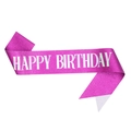 Close-up of rose red glitter Happy Birthday sash with white lettering for party events - Ceremonial Belt / Purple