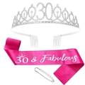 Close-up of pink 30 & Fabulous satin sash and silver 30th rhinestone birthday tiara set - Sash Tiara Set / 30 & Fabulous Silver Tiara Rose Red Sash