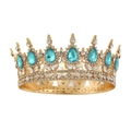 Luxurious gold bridal tiara featuring large turquoise water-drop gems and sparkling crystals - Gold Lake Blue Rhinestone
