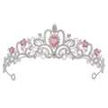 Couronne de mariée argentée avec cristaux clairs et une pierre rose en forme de goutte - Argent Blanc Rose