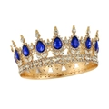 Luxurious gold alloy bridal crown featuring blue teardrop gems and white crystals - Gold Base Dark Blue