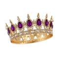 Luxury gold bridal crown featuring sparkling white rhinestones and large purple gemstones - Gold Base Dark Purple