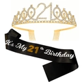 Set per il 21° compleanno con tiara dorata di strass e fascia in raso 'It's My 21th Birthday' - Set Fascia e Tiara / 21 Oro