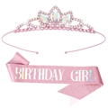 Ensemble écharpe rose Birthday Girl et couronne de strass pour fête d'anniversaire - Ensemble Serre-tête Écharpe / Écharpe Fille Rose (Réf G231)