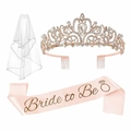 Couronne de mariée or rose avec strass, écharpe Bride to Be rose et voile de mariée en tulle - Diadème Or Rose Et Écharpe Variante / Voile 80cm / Or rose