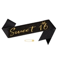Elegante banda de fiesta Sweet 16 en purpurina negra con letras doradas y un alfiler - Sweet 16