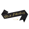 Black '50 & Fabulous' glitter sash with gold crown print and gold safety pin - 50 & Fabulous