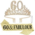Golden 60 and Fabulous birthday set with rhinestone crown and glitter sash for 60th party - 60 Years Old Gold White Rhinestone