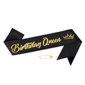 Black glitter Birthday Queen sash with gold foil text and a matching safety pin - Birthday Queen (Italic)
