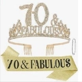 Golden 70 and Fabulous birthday party set with crystal crown tiara and glitter sash - 70 Years Old Gold