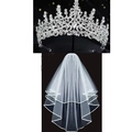 Elegante Brautkrone mit Strass und weißer zweilagiger Schleier mit Satinrand-Verzierung - Krone Und Schleier / Silber Strass Krone + Weißer 80CM Schleier