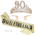 Golden 90 & Fabulous birthday set with rhinestone crown, glitter sash and pearl pin - 90 Years Old Gold