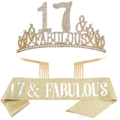 Gold rhinestone 17th birthday crown and glitter sash set for party celebration - 17 Years Old Gold Iridescent