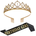 Black satin Birthday Girl sash with shimmering gold rhinestone tiara crown set - Gold Crown And Sash GIRL
