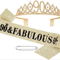 Kit anniversaire 90 ans avec écharpe dorée champagne, diadème en cristal et épingle perle - Couronne et Écharpe Or pour 90 ans