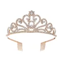 Golden bridal crown with heart patterns and shimmering white crystals in a symmetrical style - Gold
