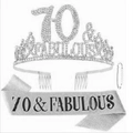 Silver 70 & Fabulous birthday set featuring rhinestone crown and glitter sash with pin - 70 Years Old Silver