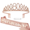 Kit 80e anniversaire or rose avec diadème en cristal et écharpe rose pailletée - Couronne et Écharpe Or Rose pour 80 ans