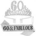 Silver 60th birthday tiara set with rhinestone crown and black 60 & FABULOUS glitter sash - 60 Years Old Silver