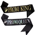 Black satin Prom King and Queen sash set with gold and holographic crown lettering - Black Holographic Queen And Black Gold Letter King