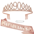Kit 90e anniversaire or rose avec couronne en cristal et écharpe pailletée 90 & Fabulous - Couronne et Écharpe Or Rose pour 90 ans