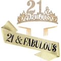 21st birthday gold rhinestone crown and glitter sash set for women celebration - 21st Gold