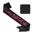 Black glitter birthday sash with pink It's my Birthday text and gold safety pin set - Sash Set / Black With Rose Red Letters