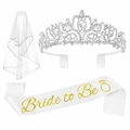 3-piece Bride to Be set including silver rhinestone tiara, white veil, and gold letter sash - Silver Style 1 / 80cm Veil / Silver