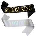 Set of Prom King and Queen sashes in black satin and silver glitter with gold crown icons - Silver Holographic Queen And Black Gold Letter King