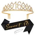 Kit anniversaire 16 ans avec couronne strass dorée et écharpe pailletée noire lettrage or - Couronne et Écharpe Noir et Or pour 16 ans