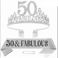 Silver 50 & Fabulous birthday tiara and glitter sash set with pearl pin for 50th party - 50 Years Old Silver