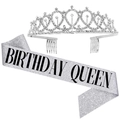 Silver rhinestone birthday crown and Birthday Queen sequin sash party accessories set - Silver birthday queen Crown And Sash