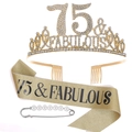 75 & Fabulous birthday set with gold rhinestone crown, glitter sash, and pearl pin - 75 Years Old Gold