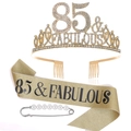 Gold 85 & Fabulous birthday set with rhinestone crown, glitter sash and pearl pin - 85 Years Old Gold