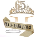 Golden 65 & Fabulous birthday set featuring a rhinestone tiara, glitter sash and pearl pin - 65 Years Old Gold