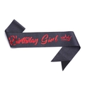 Glittery black birthday girl sash with metallic red lettering and crown icon - Birthday Girl-Black with Red Letters