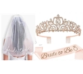 Roségoldene Strasskrone mit weißem Tüllschleier und rosa Bride to Be Schärpe Set - Krone, Schleier Und Schärpe / Roségold Set