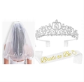 Silberne Strassbrautkrone mit Bride-to-Be-Schärpe und Schleier-Set für Junggesellinnenabschiede - Krone, Schleier Und Schärpe / Silbernes Schmuckset