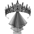 Gothic black rhinestone crown tiara with matching multi-layer short mesh wedding veil - Black Zirconia Set