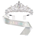 Silver birthday crown with iridescent It's my Birthday sash set for party decoration - Silver AB Rhinestone Set