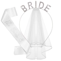Écharpe de mariée en satin blanc et diadème strass avec voile double couche pour fêtes - Écharpe Et Voile Et Serre-Tête / Blanc Texte Argent