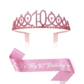 Pink 10th birthday crown and sash set with rose gold rhinestones for girls' party - 10th Birthday Rose Gold Pink Kit