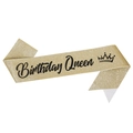 Golden glitter Birthday Queen sash with elegant black script and crown icon - Birthday Queen-Gold with Black Letters