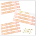 Set of 12 rose gold and white bachelorette party sashes with gold foil text and safety pins - Champagne Gold Sashes Only Set